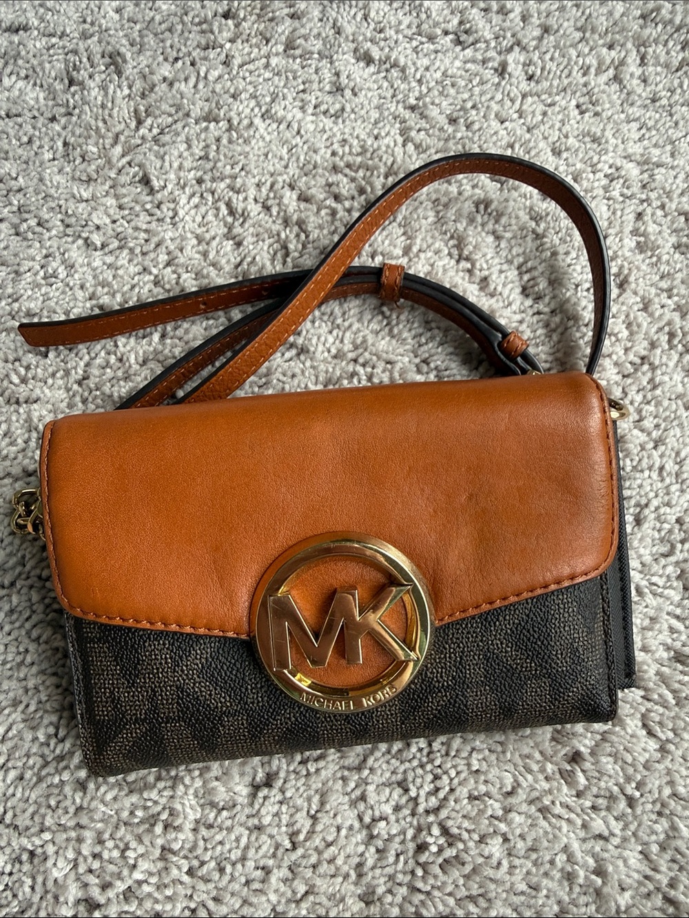 Michael Kors Brown & Tan Leather Crossbody with Gold MK Emblem